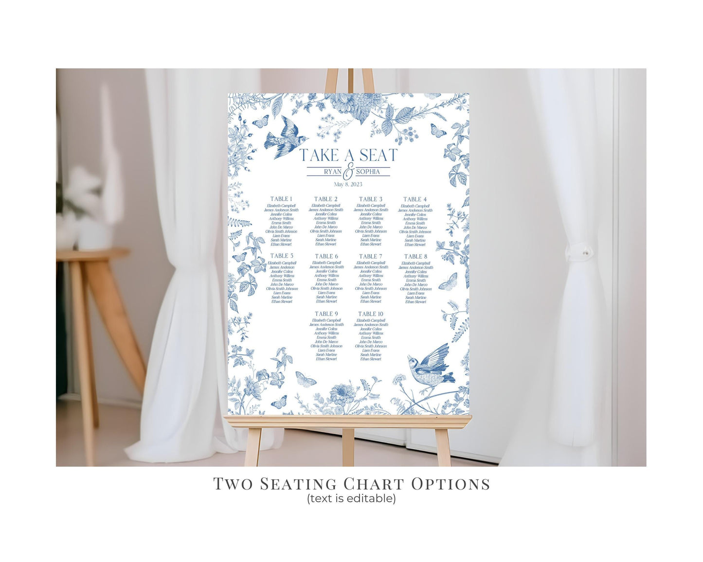 Blue Toile De Jouy First Birthday Bundle Printable Template, Chinoiserie Birthday Party, Wildflower Toile with Butterflies and Birds WP1004