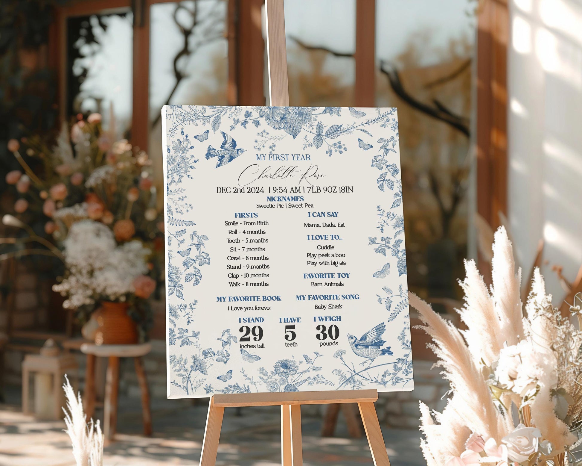 Blue Toile De Jouy First Birthday Bundle Printable Template, Chinoiserie Birthday Party, Wildflower Toile with Butterflies and Birds WP1004