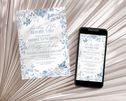 Blue Toile De Jouy Bridal Shower Invitation Bundle Template, Something Blue Before I Do Chinoiserie Wildflower Bridal Brunch wp1004