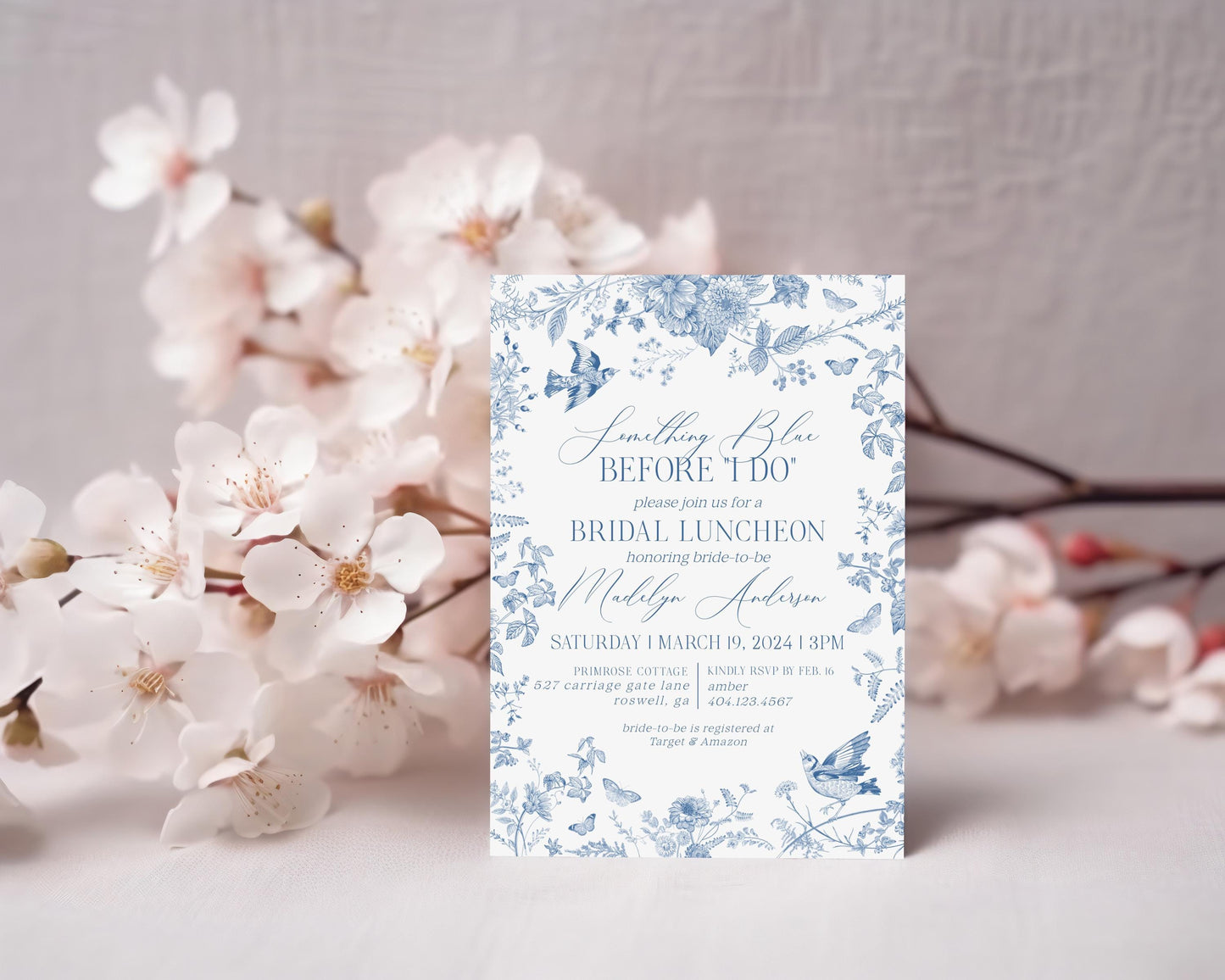 Blue Toile De Jouy Bridal Shower Invitation Bundle Template, Something Blue Before I Do Chinoiserie Wildflower Bridal Brunch wp1004