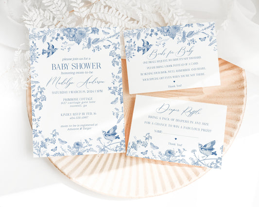 Blue Toile De Jouy Baby Shower Invitation Template, Baby in Bloom Wildflower Chinoiserie Baby Brunch Toile Butterflies and Birds WP1004