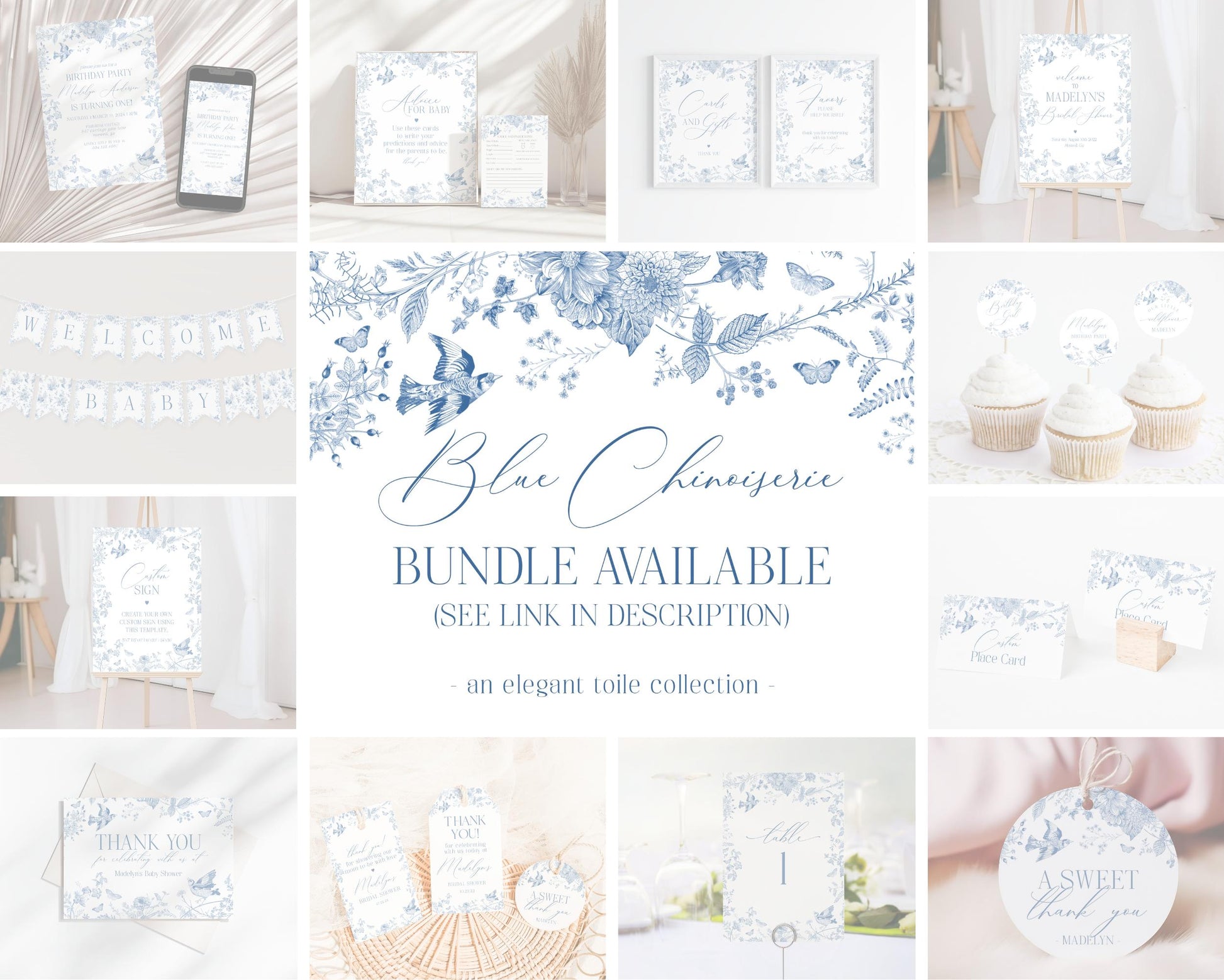 Blue Toile De Jouy Baby Shower Invitation Template, Baby in Bloom Wildflower Chinoiserie Baby Brunch Toile Butterflies and Birds WP1004