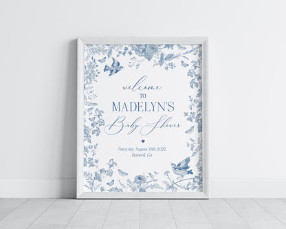 Blue Toile De Jouy Baby Shower Welcome Sign Template, Baby in Bloom Wildflower Chinoiserie Baby Brunch Spring Toile Butterflies Birds WP1004