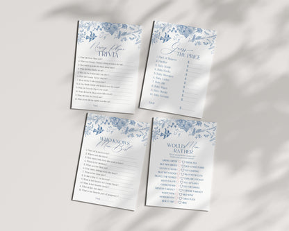 Blue Toile De Jouy Baby Shower Games Set Printable Template, Baby in Bloom Wildflower Chinoiserie Baby Brunch Toile Butterflies Birds WP1004