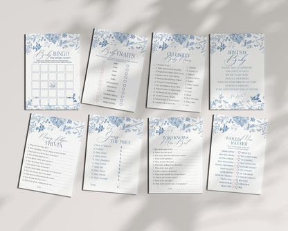 Blue Toile De Jouy Baby Shower Games Set Printable Template, Baby in Bloom Wildflower Chinoiserie Baby Brunch Toile Butterflies Birds WP1004