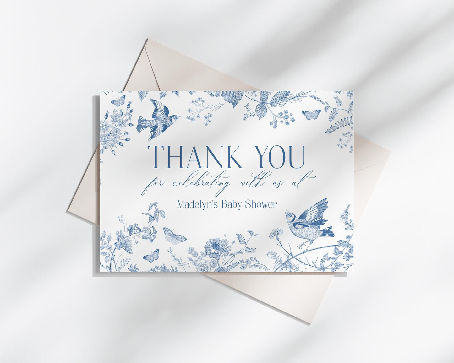 Blue Toile De Jouy Thank You Card Template, Baby in Bloom Wildflower Chinoiserie Baby Shower Something Blue Before I Do Bridal Shower WP1004