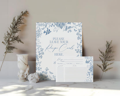 Blue Toile De Jouy Recipe Card Template for Bridal Shower, Something Blue Before I Do French Chinoiserie Wildflower Bridal Brunch wp1004