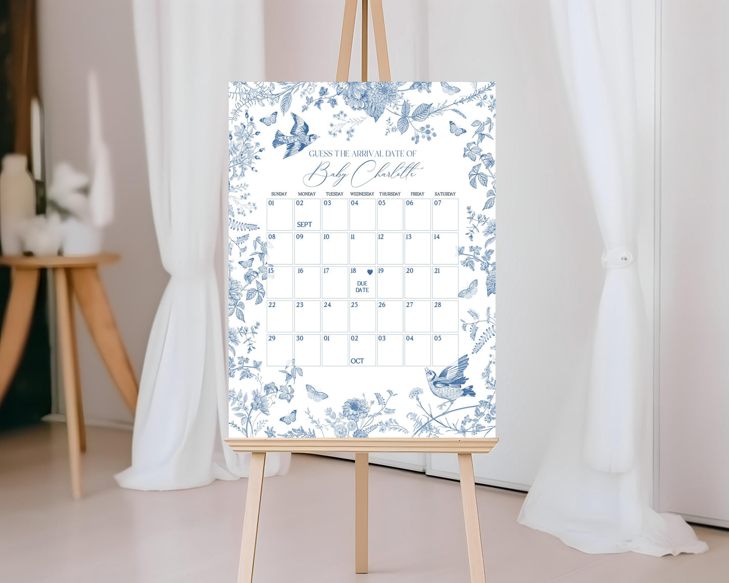 Blue Toile De Jouy Baby Shower Guess the Date Game Template, Baby in Bloom Wildflower Chinoiserie Baby Brunch Toile Butterflies Birds WP1004