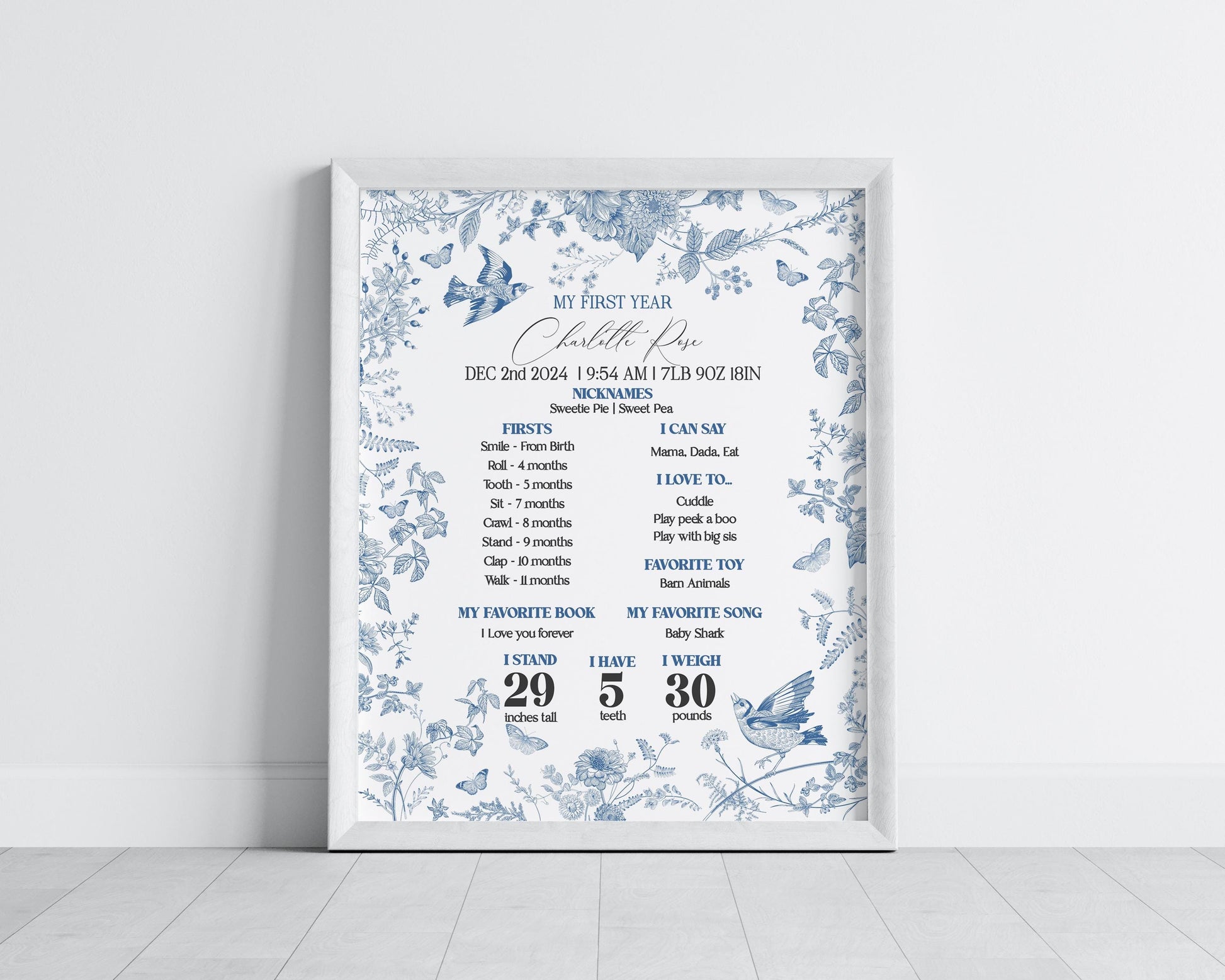 Blue Toile De Jouy First Year Milestone Sign Template, Chinoiserie 1st Birthday Party Decor, Wildflower Toile Butterflies and Birds WP1004