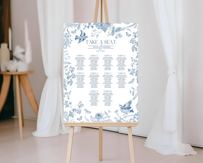 Blue Toile De Jouy Wedding Seating Chart Template, Something Blue Before I Do French Chinoiserie Spring Wildflower Bridal Brunch wp1004