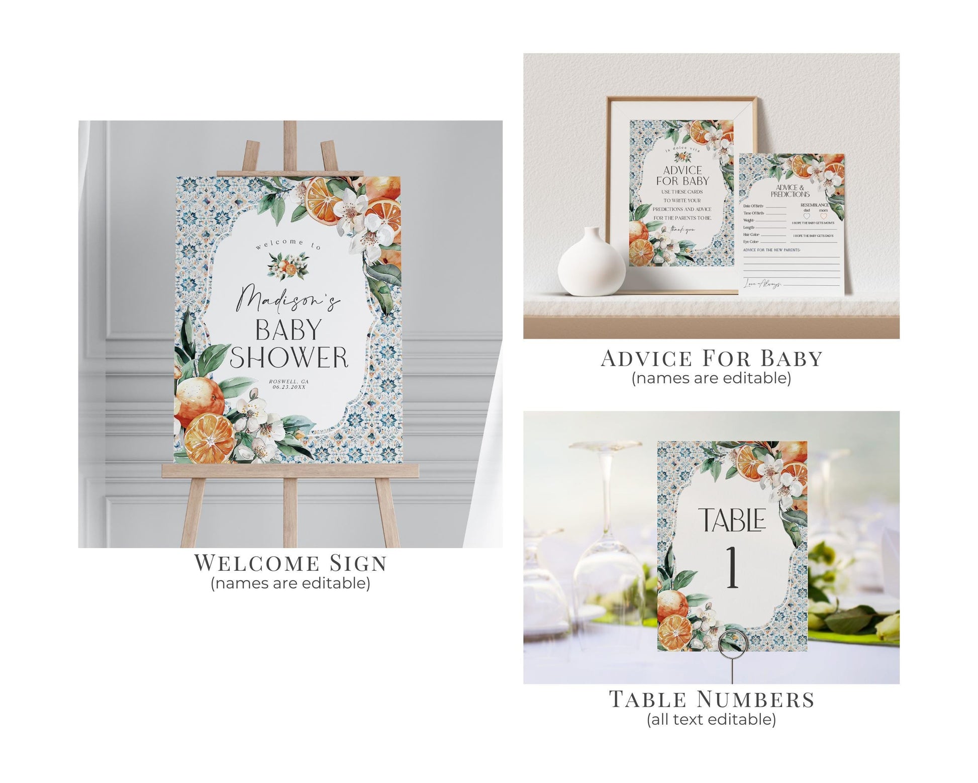 Tuscany Tile Baby Shower Printable Bundle, Orange Citrus Mediterranean baby sprinkle with Spanish tiles, Italian theme Pasitino beach party