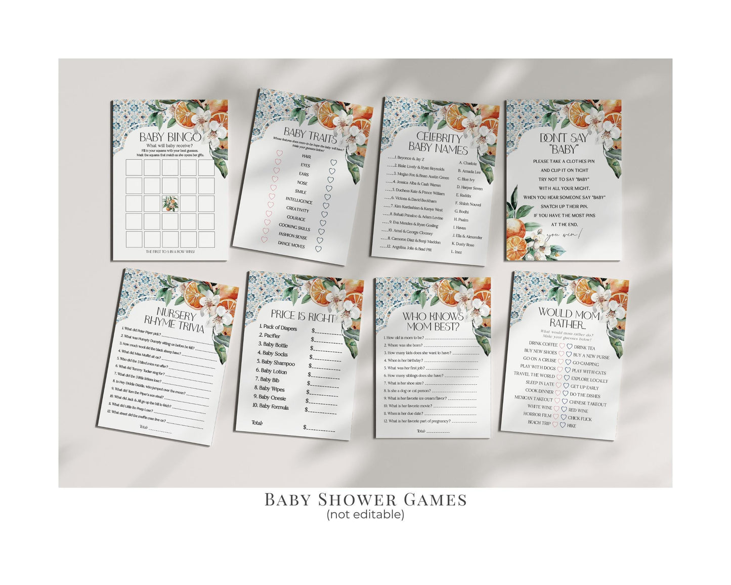 Tuscany Tile Baby Shower Printable Bundle, Orange Citrus Mediterranean baby sprinkle with Spanish tiles, Italian theme Pasitino beach party