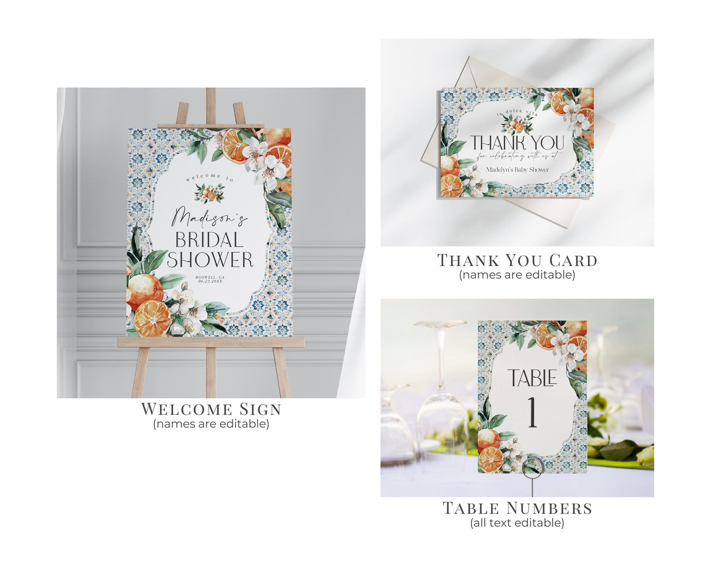 Tuscany Tile Bridal Shower Printable Bundle, Orange Citrus Mediterranean bridal brunch with Spanish tiles, Italian theme positano beach