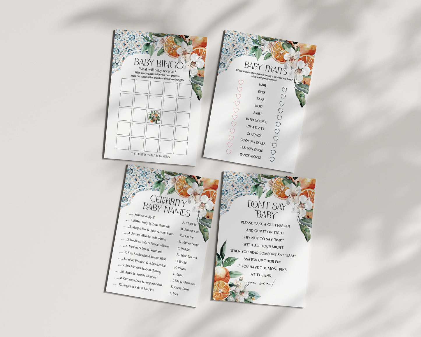 Tuscany Tiles Baby Shower Games Set Printable Template, Orange Citrus Mediterranean baby sprinkle with Spanish tiles, Italian theme pasitano