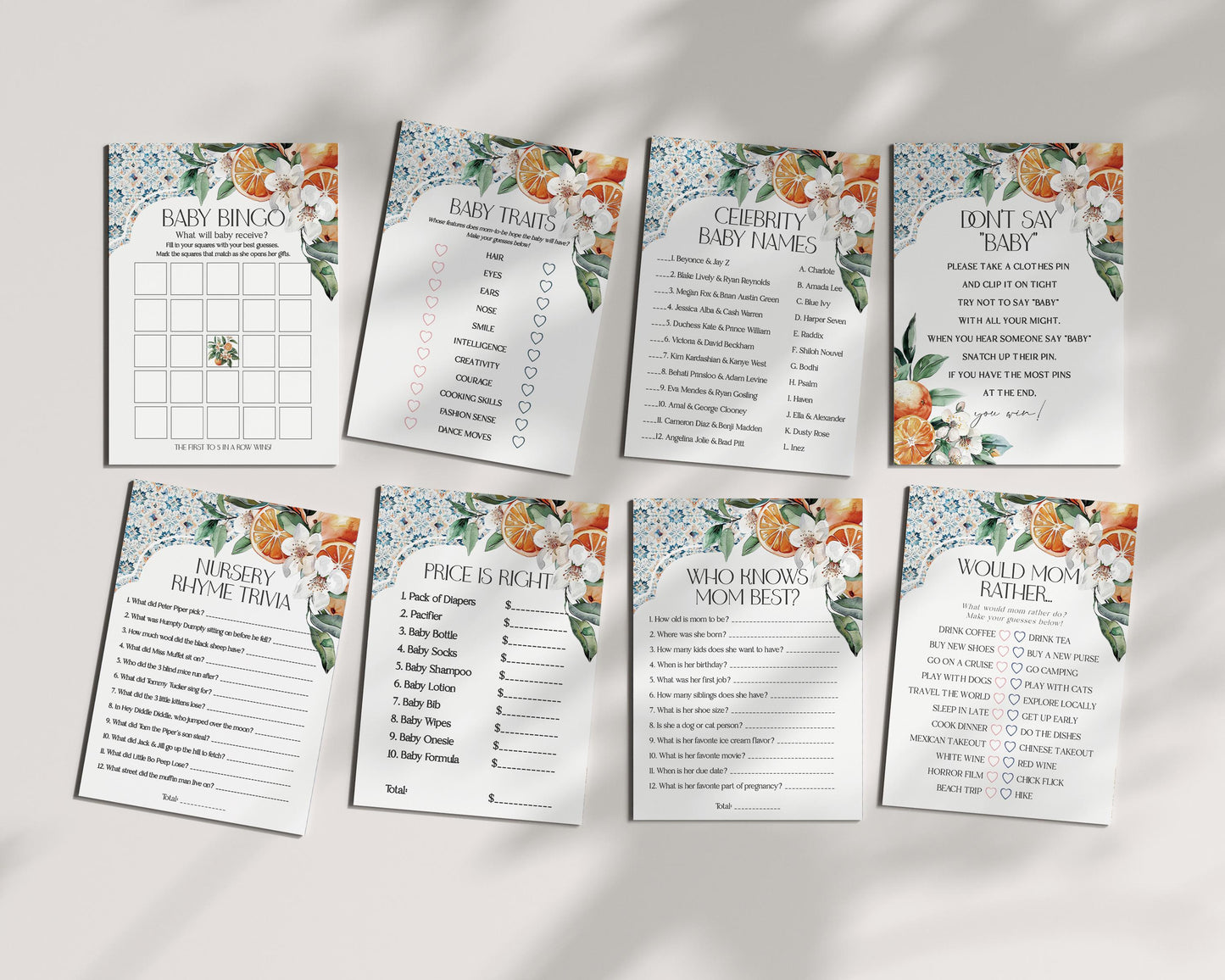 Tuscany Tiles Baby Shower Games Set Printable Template, Orange Citrus Mediterranean baby sprinkle with Spanish tiles, Italian theme pasitano