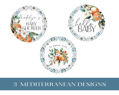 Tuscany Tile Baby Shower Cupcake Toppers Printable Template, Orange Citrus Mediterranean baby sprinkle with Spanish tiles, Italian theme