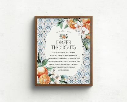 Tuscany Tile Baby Shower Diaper Thoughts Sign Printable Template, Orange Citrus Mediterranean baby sprinkle with Italian Theme Spanish Tiles