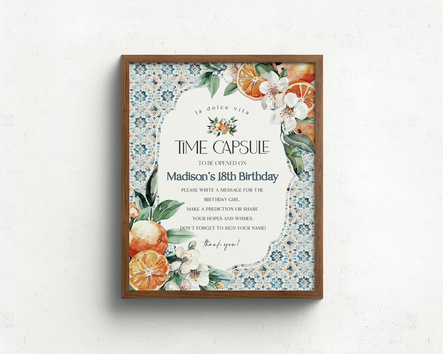 Tuscany Tile Time Capsule Printable Template, Orange Citrus Mediterranean birthday with Spanish tiles, Italian theme positano beach