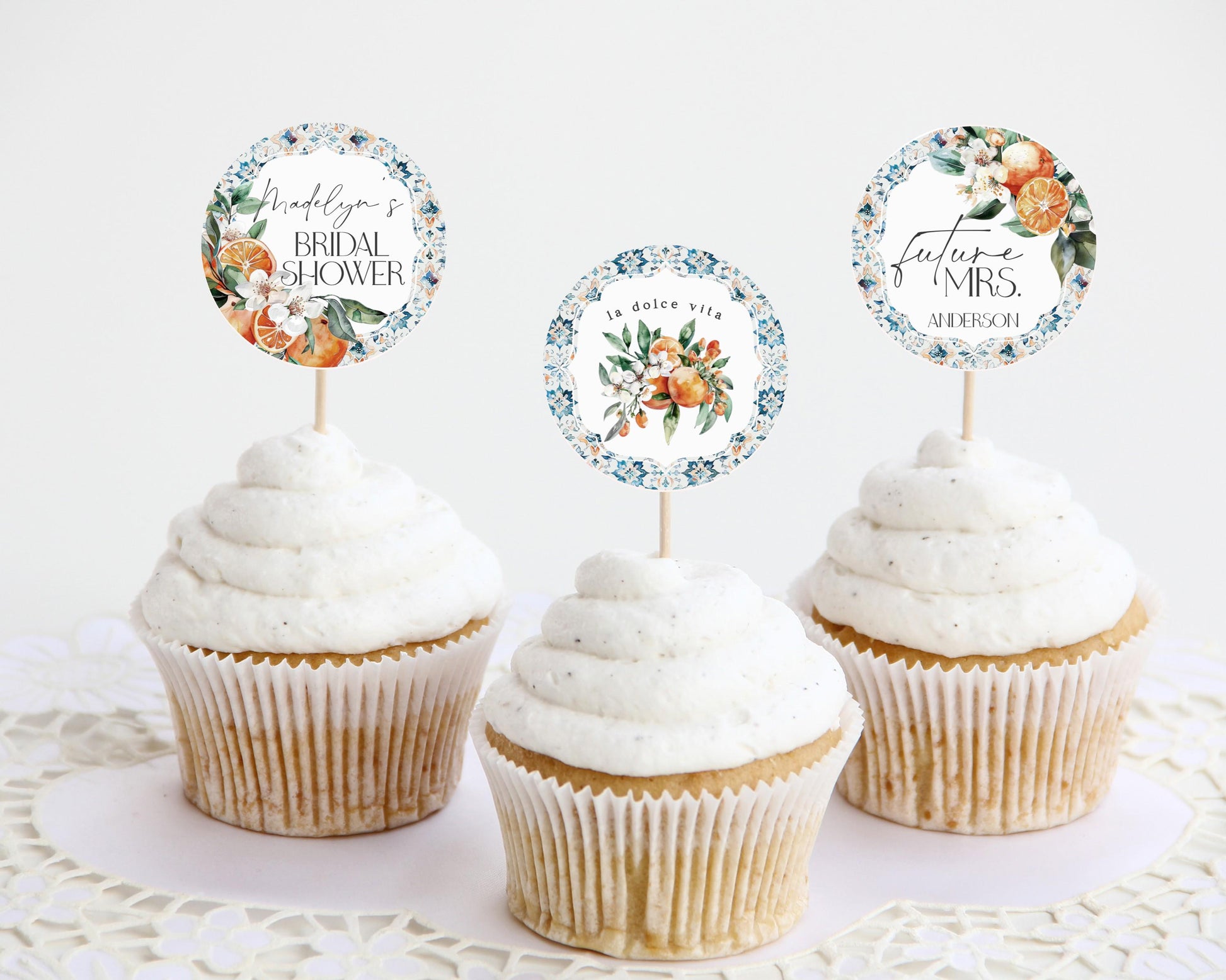 Tuscany Tile Bridal Shower Cupcake Toppers Printable Template, Orange Citrus Mediterranean bridal brunch with Spanish tiles, Italian theme