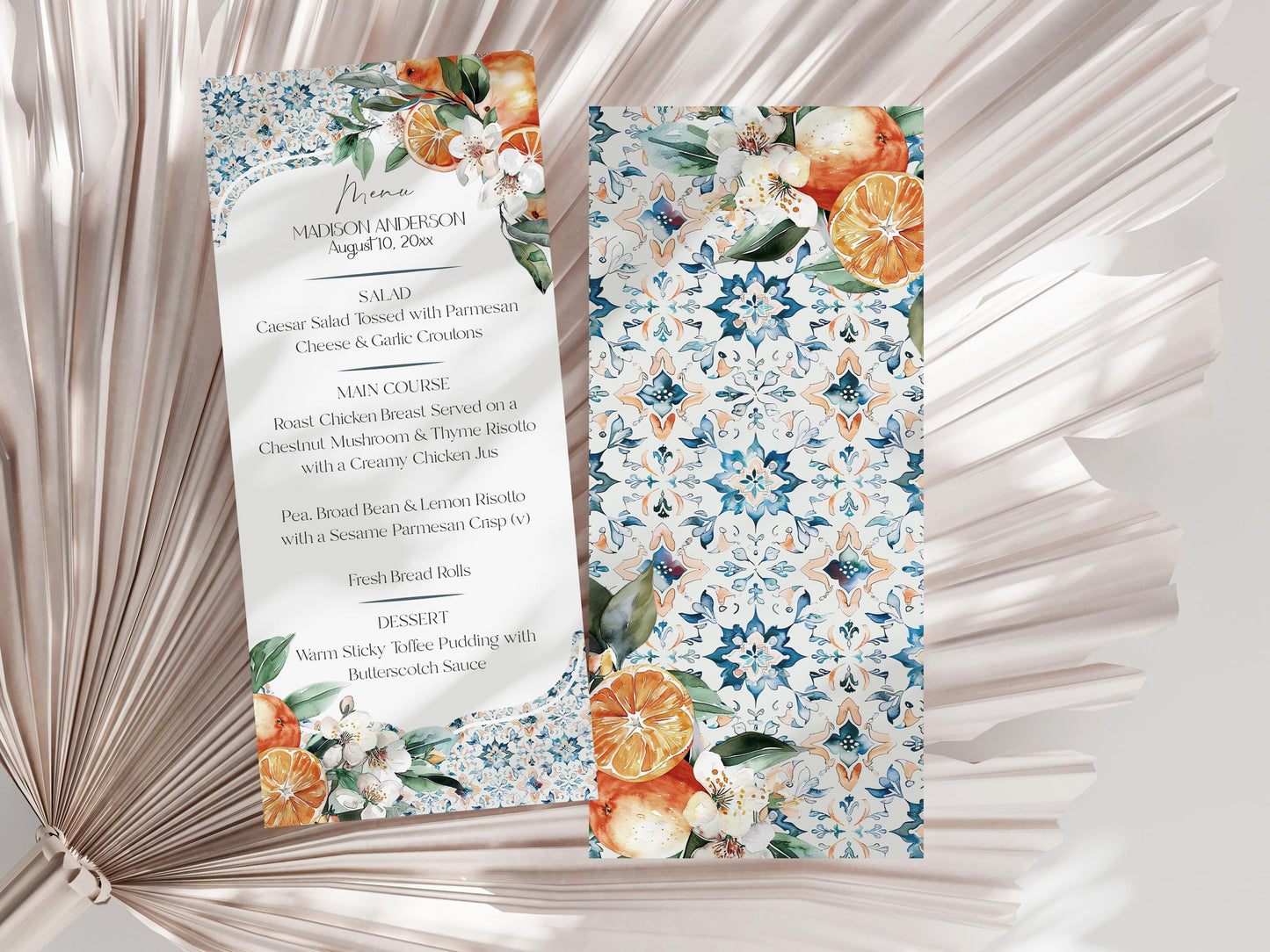 Tuscany Tile Printable Wedding Menu Template, Orange Citrus Mediterranean wedding with Spanish tiles, Italian theme positano beach