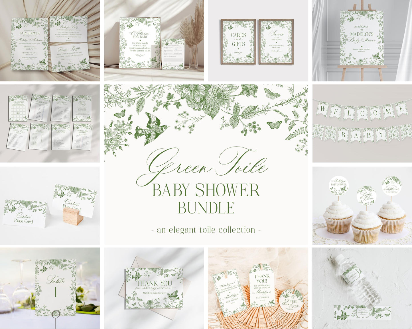 Green Toile De Jouy Baby Shower Printable Bundle, Baby in Bloom Wildflower Chinoiserie Baby Brunch Olive Toile Butterflies and Birds WP1007