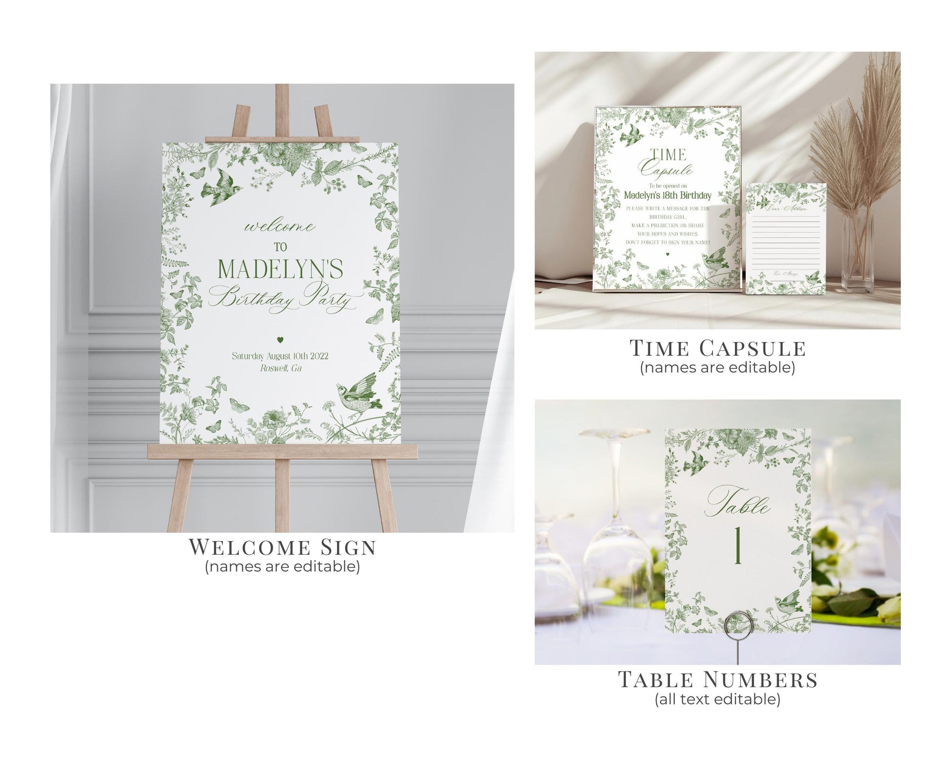 Green Toile De Jouy First Birthday Bundle Template, Olive Chinoiserie 1st Birthday Party Decor, Wildflower Toile Butterflies Birds WP1007