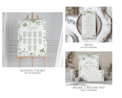 Green Toile De Jouy Bridal Shower Printable Bundle, Olive Chinoiserie French Theme Wedding Sage Wildflower Bridal Brunch WP1007