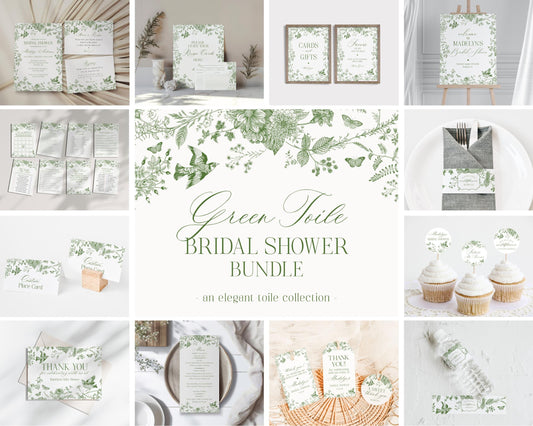 Green Toile De Jouy Bridal Shower Printable Bundle, Olive Chinoiserie French Theme Wedding Sage Wildflower Bridal Brunch WP1007