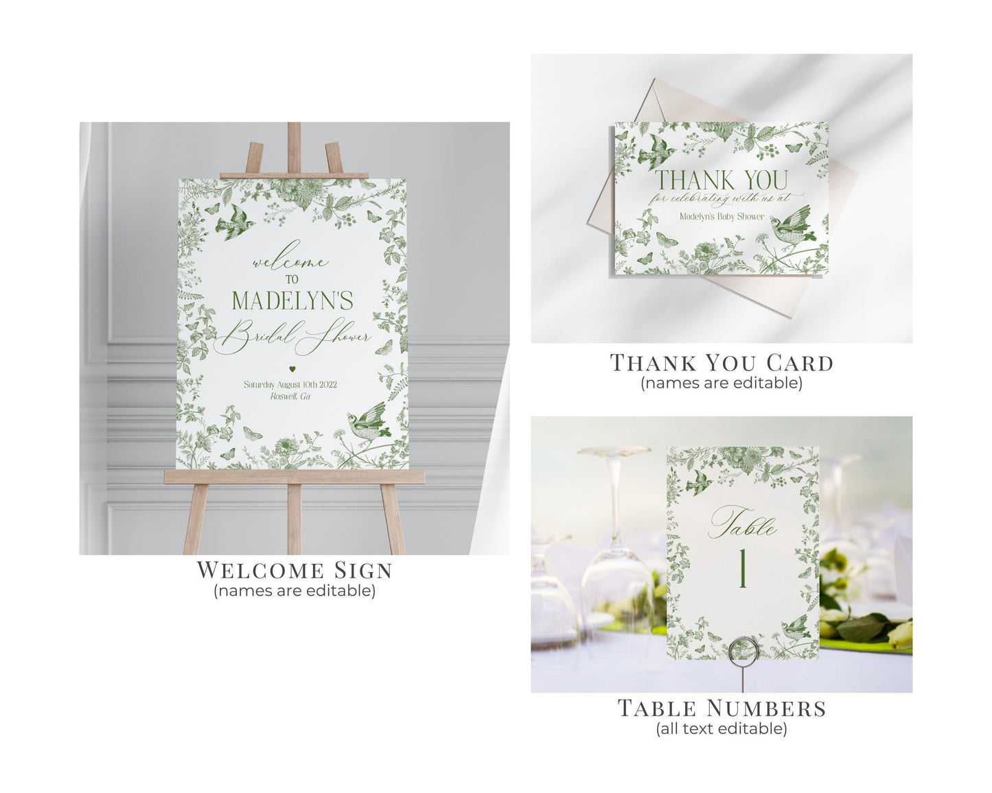 Green Toile De Jouy Bridal Shower Printable Bundle, Olive Chinoiserie French Theme Wedding Sage Wildflower Bridal Brunch WP1007