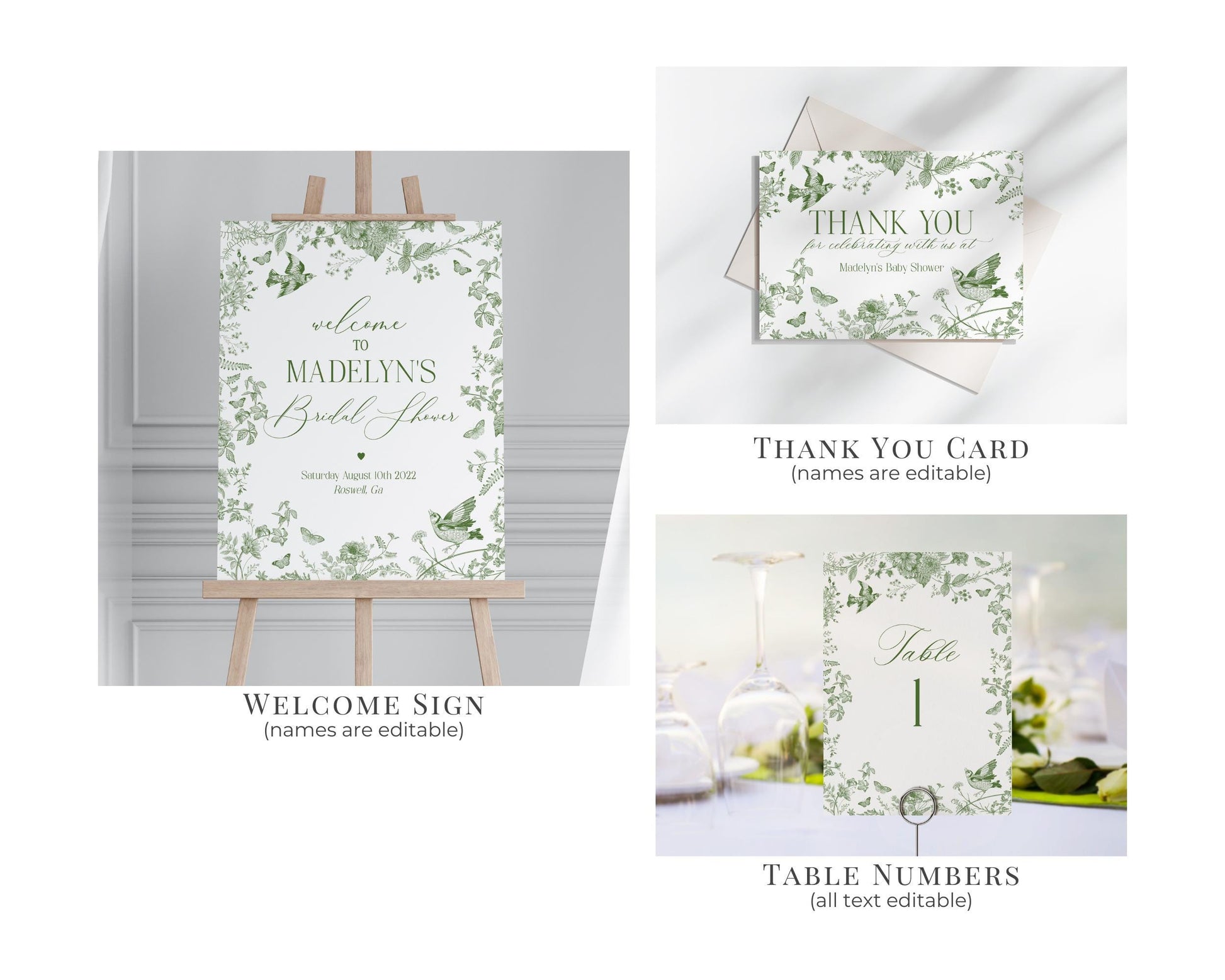 Green Toile De Jouy Bridal Shower Printable Bundle, Olive Chinoiserie French Theme Wedding Sage Wildflower Bridal Brunch WP1007