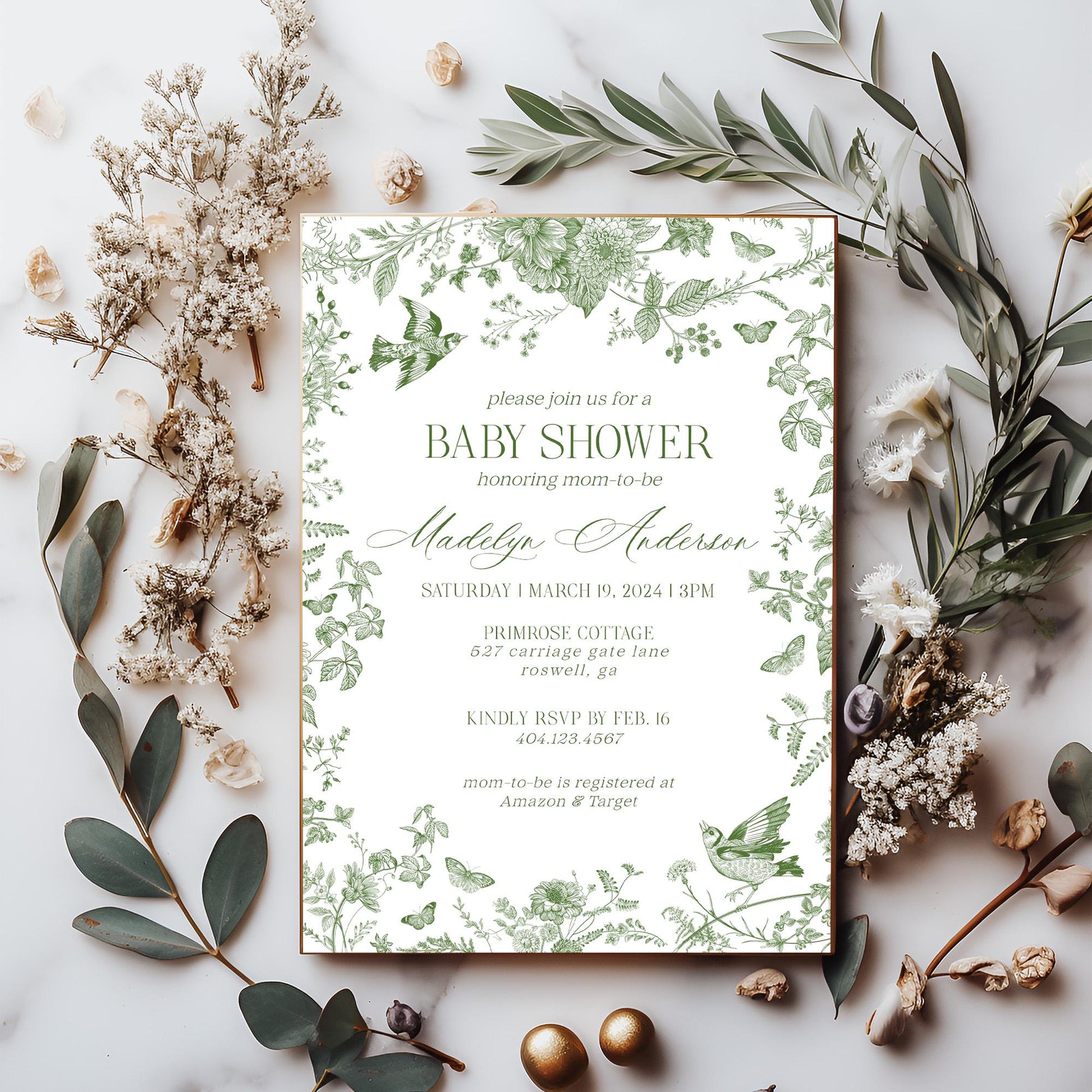 Green Toile De Jouy Baby Shower Invitation Template, Baby in Bloom Wildflower Chinoiserie Baby Brunch Olive Toile Butterflies Birds WP1007