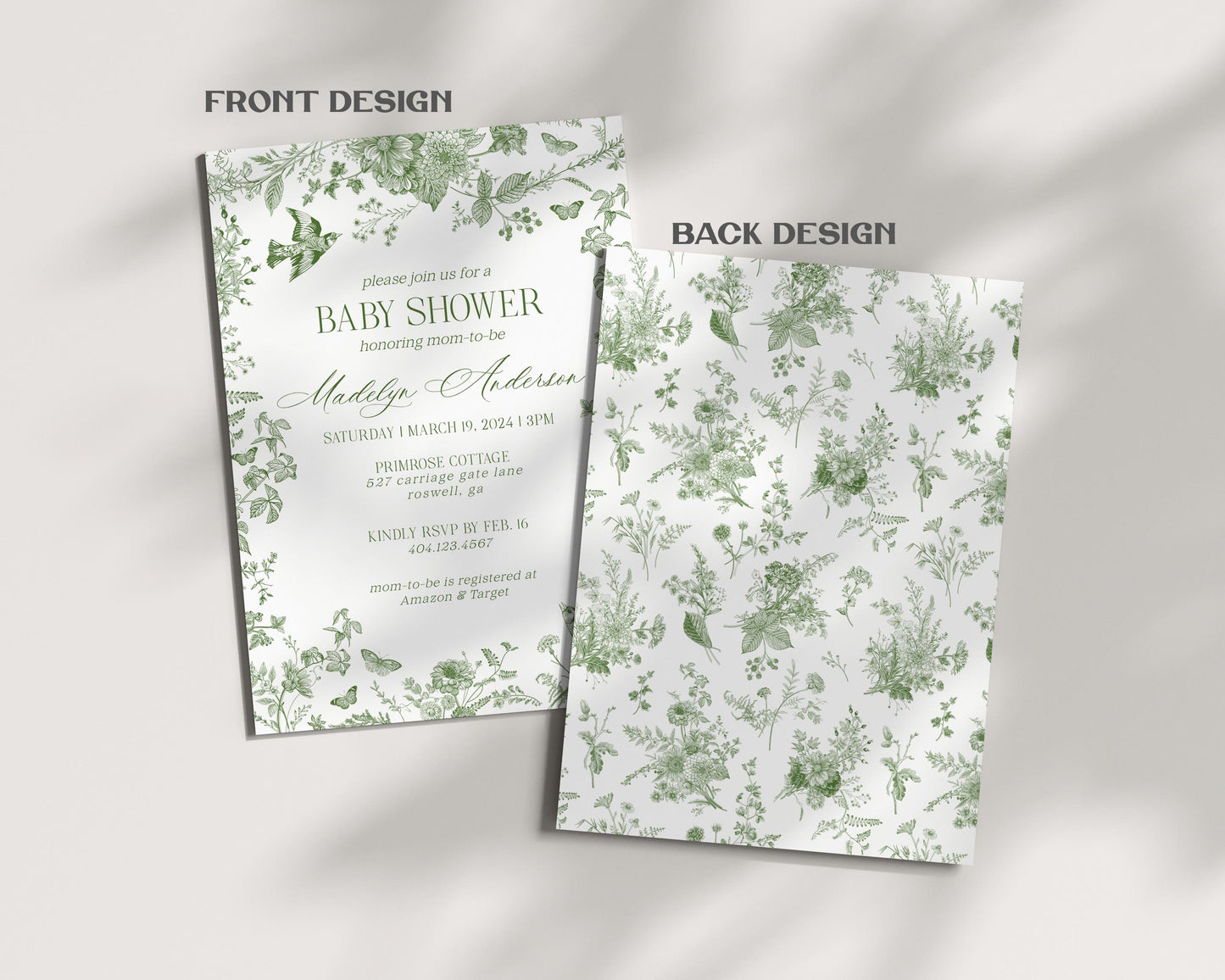 Green Toile De Jouy Baby Shower Invitation Template, Baby in Bloom Wildflower Chinoiserie Baby Brunch Olive Toile Butterflies Birds WP1007