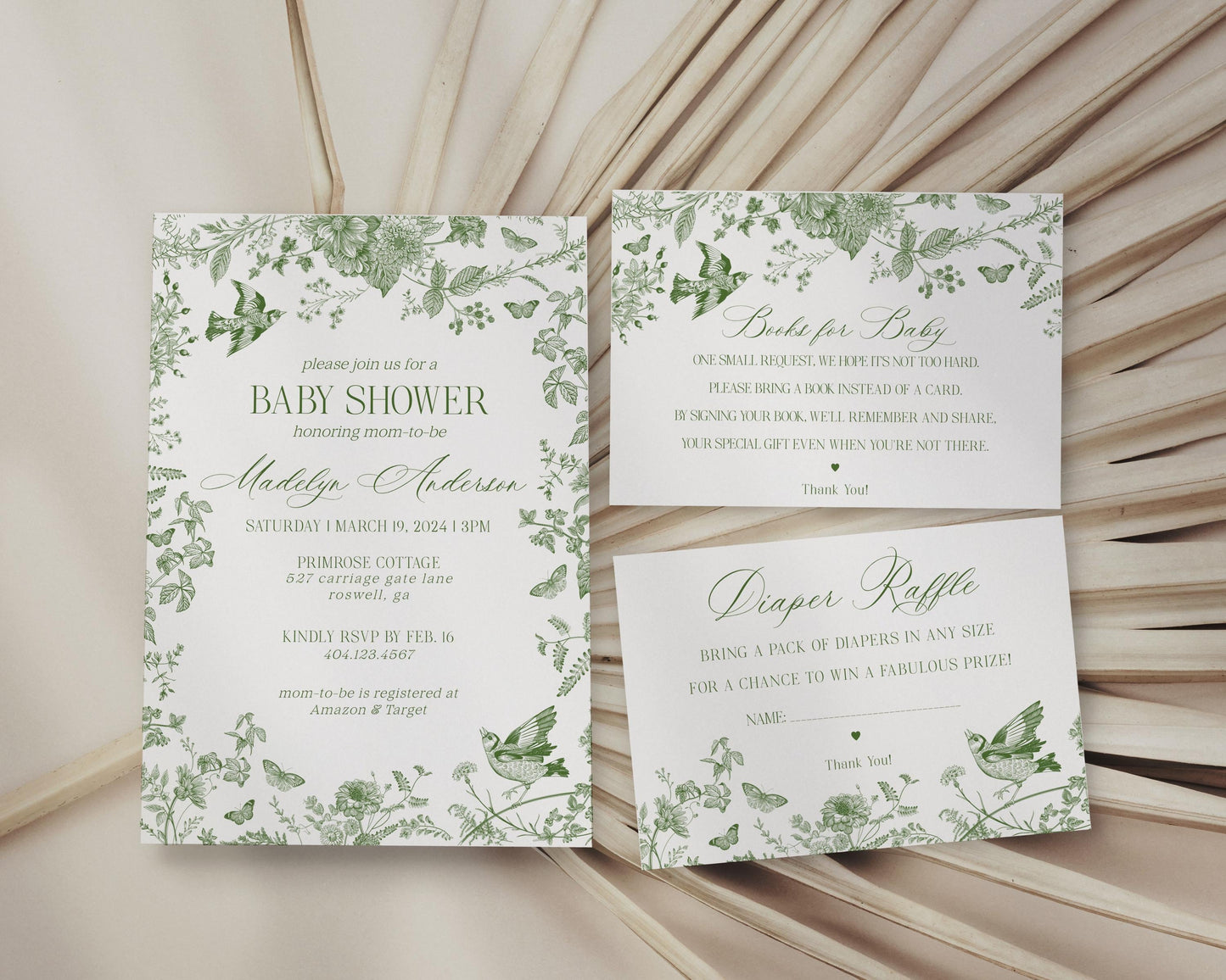 Green Toile De Jouy Baby Shower Invitation Template, Baby in Bloom Wildflower Chinoiserie Baby Brunch Olive Toile Butterflies Birds WP1007