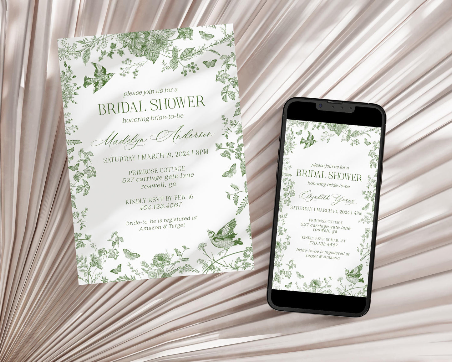 Green Toile De Jouy Bridal Shower Invitation Bundle Template, Olive Chinoiserie French Theme Wedding Sage Wildflower Bridal Brunch WP1007