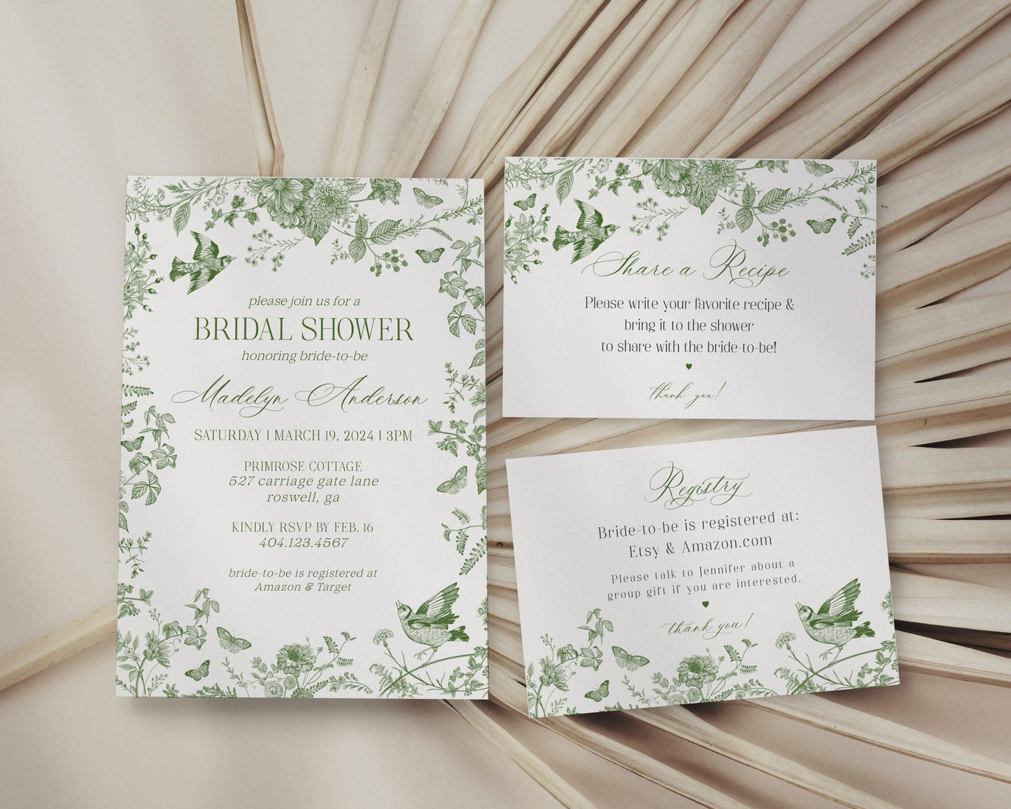 Green Toile De Jouy Bridal Shower Invitation Bundle Template, Olive Chinoiserie French Theme Wedding Sage Wildflower Bridal Brunch WP1007