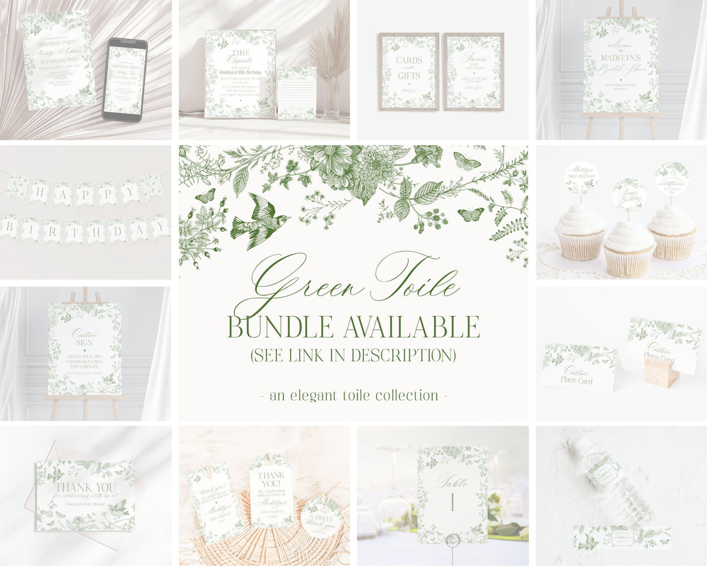 Green Toile De Jouy Bridal Shower Invitation Bundle Template, Olive Chinoiserie French Theme Wedding Sage Wildflower Bridal Brunch WP1007