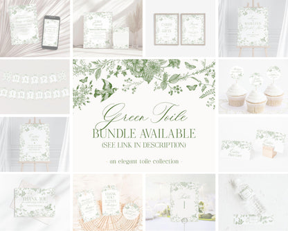 Green Toile De Jouy Bridal Shower Invitation Bundle Template, Olive Chinoiserie French Theme Wedding Sage Wildflower Bridal Brunch WP1007