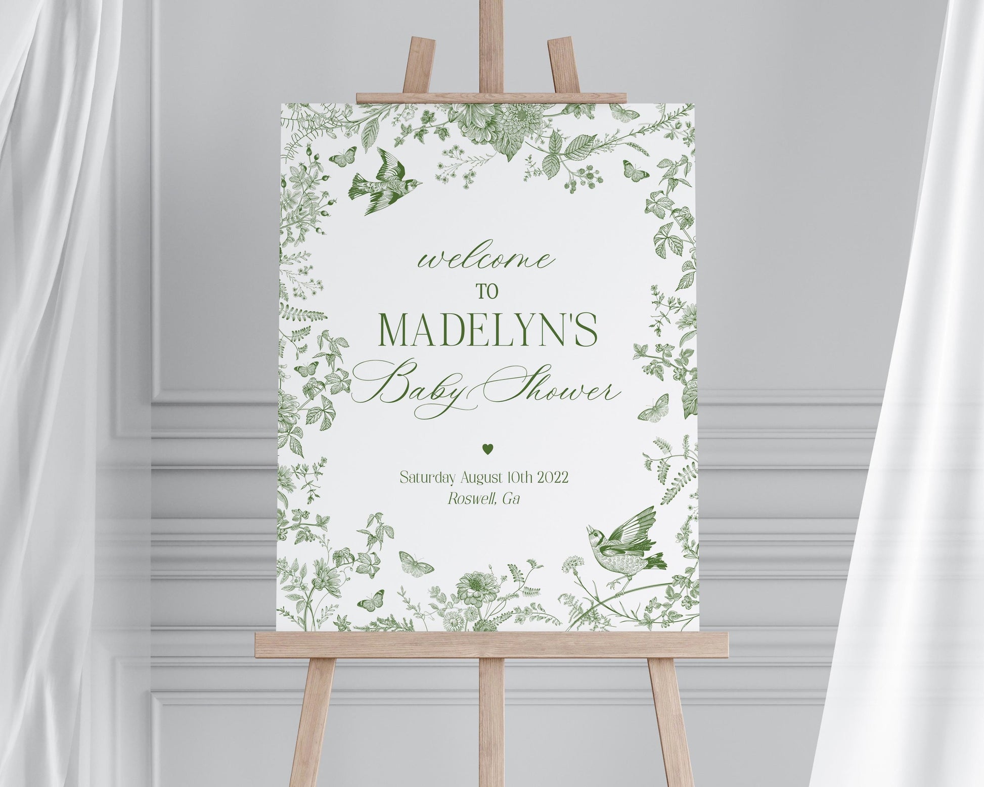 Green Toile De Jouy Baby Shower Welcome Sign Template, Baby in Bloom Wildflower Chinoiserie Baby Brunch Olive Toile Butterflies Birds WP1007