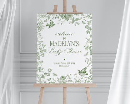 Green Toile De Jouy Baby Shower Welcome Sign Template, Baby in Bloom Wildflower Chinoiserie Baby Brunch Olive Toile Butterflies Birds WP1007