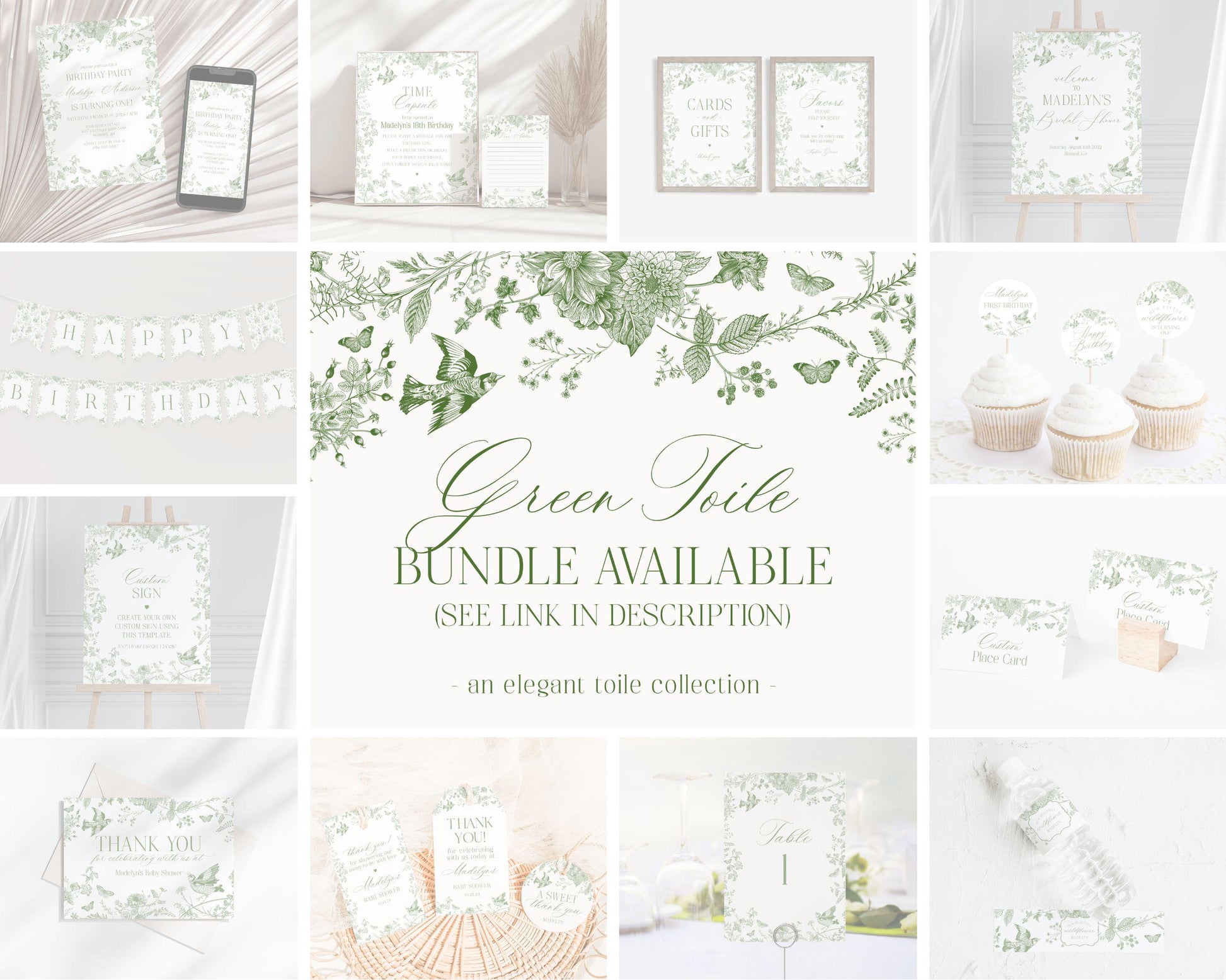 Green Toile De Jouy Cards & Gifts and Favors Sign Template,Dusty Chinoiserie Baby Shower, Love is in Bloom Wedding Bridal Shower WP1007