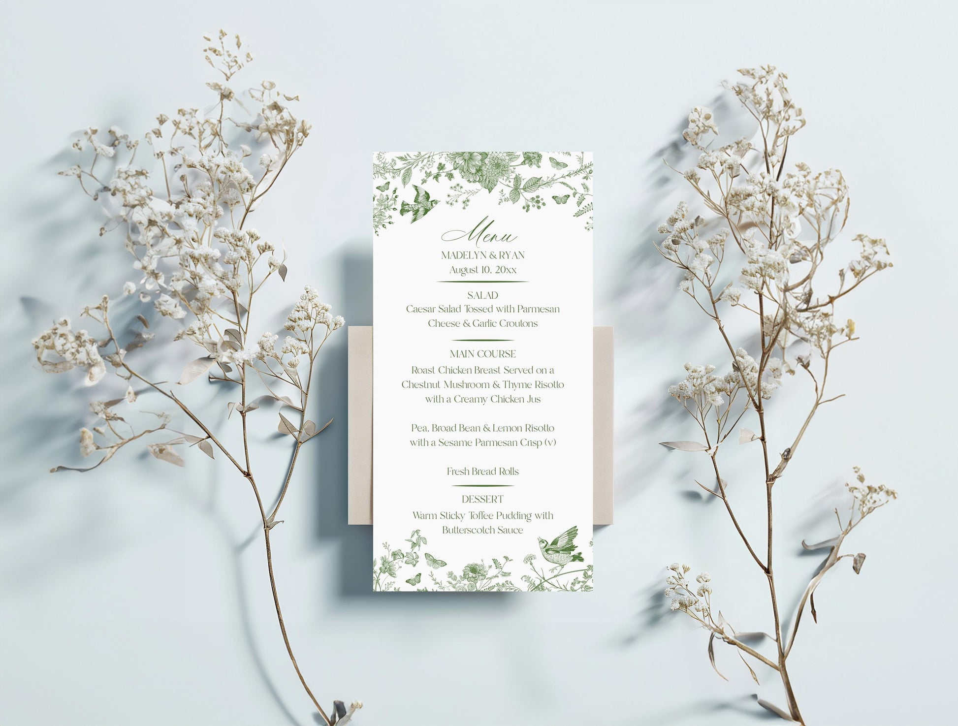 Green Toile De Jouy Printable Wedding Menu Template, Olive Chinoiserie French Theme Wedding Sage Wildflower Bridal Shower WP1007