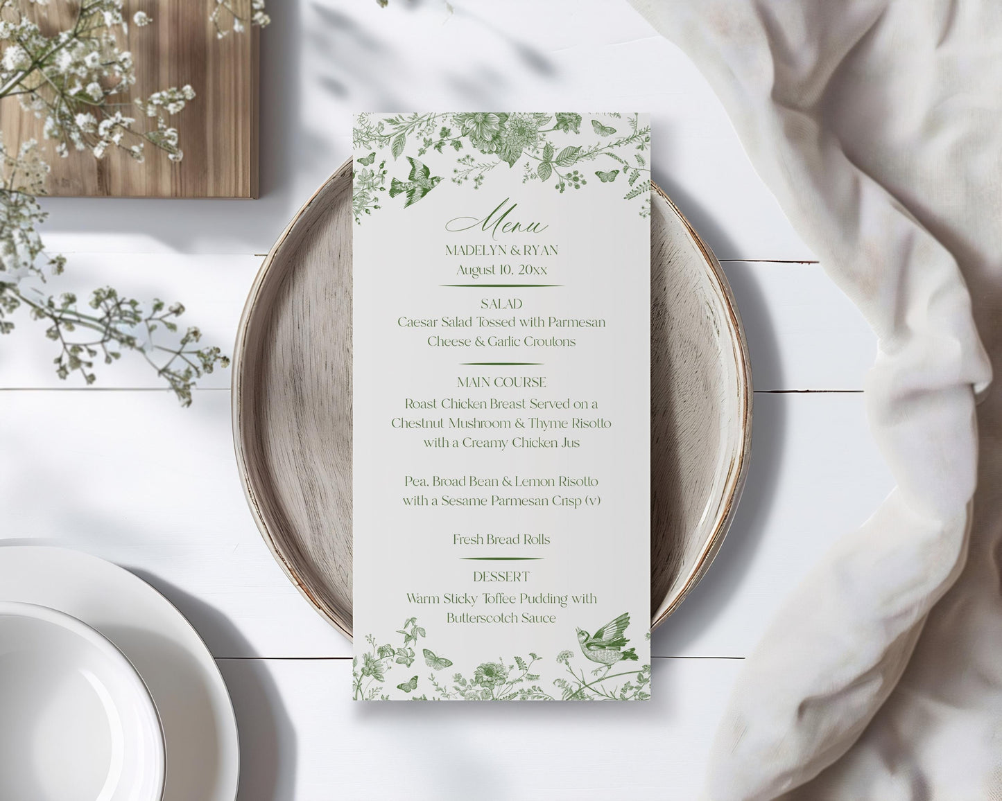 Green Toile De Jouy Printable Wedding Menu Template, Olive Chinoiserie French Theme Wedding Sage Wildflower Bridal Shower WP1007