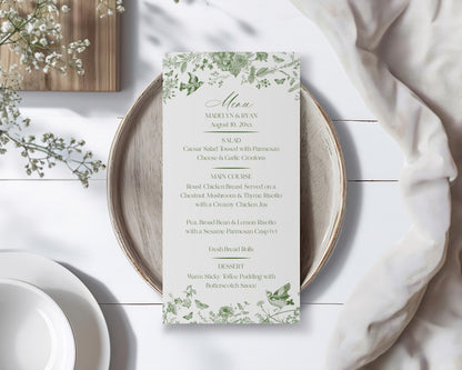 Green Toile De Jouy Printable Wedding Menu Template, Olive Chinoiserie French Theme Wedding Sage Wildflower Bridal Shower WP1007