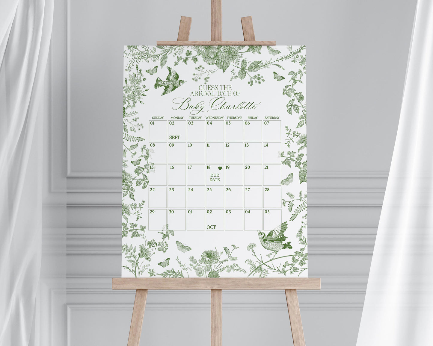 Green Toile De Jouy Baby Shower Guess the Date Game Template, Baby in Bloom Wildflower Chinoiserie Baby Brunch Olive Butterflies WP1007