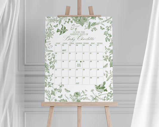 Green Toile De Jouy Baby Shower Guess the Date Game Template, Baby in Bloom Wildflower Chinoiserie Baby Brunch Olive Butterflies WP1007