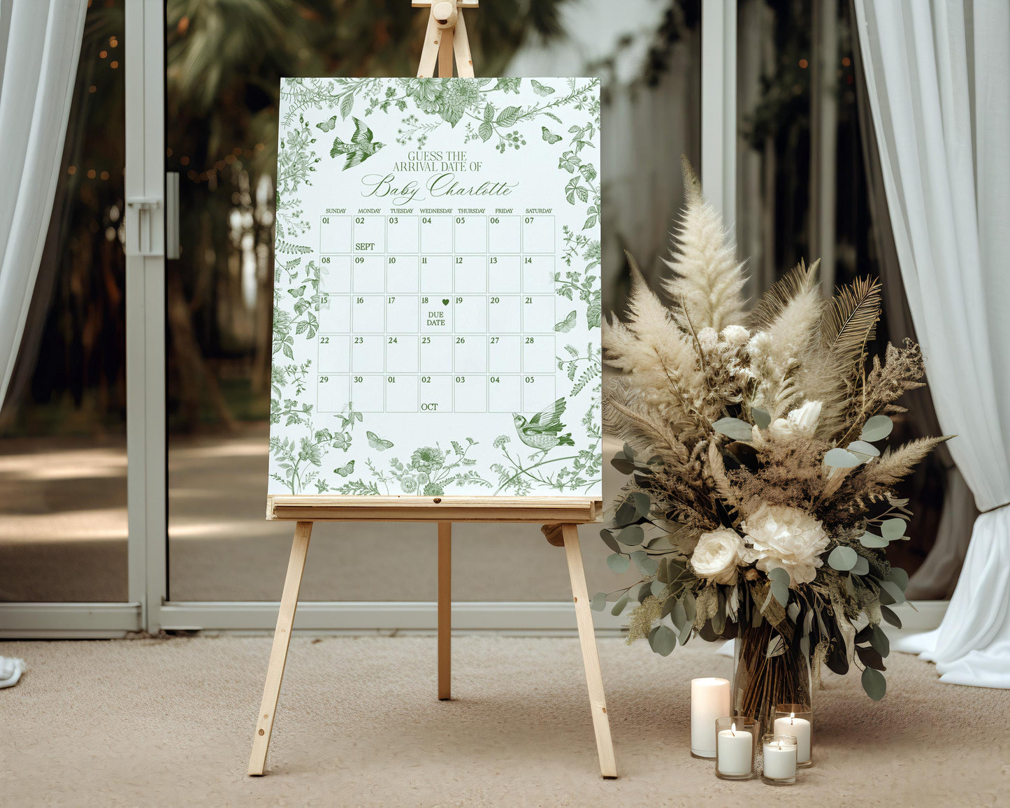 Green Toile De Jouy Baby Shower Guess the Date Game Template, Baby in Bloom Wildflower Chinoiserie Baby Brunch Olive Butterflies WP1007