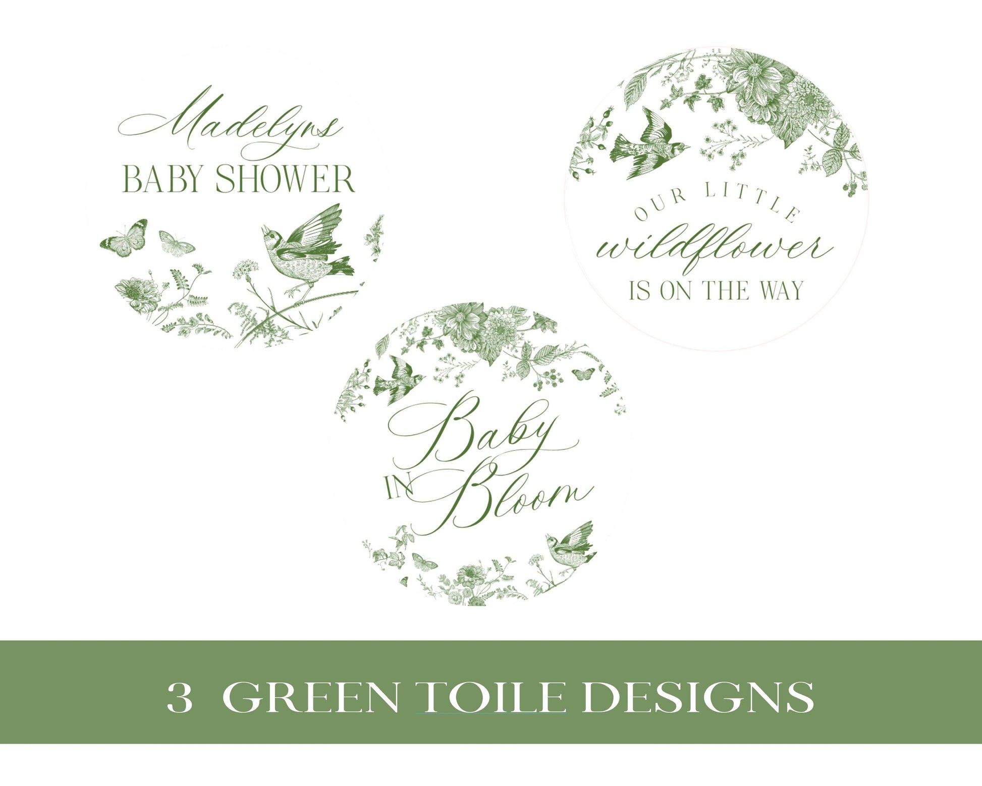 Green Toile De Jouy Baby Shower Cupcake Topper Template, Baby in Bloom Wildflower Chinoiserie Baby Brunch Olive Butterflies Birds WP1007