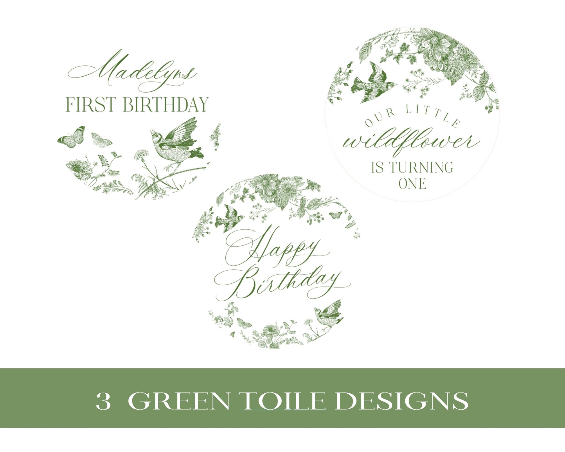 Green Toile De Jouy Birthday Cupcake Topper Template, Olive Chinoiserie Birthday Party Decor, Wildflower Toile Butterflies Birds WP1007