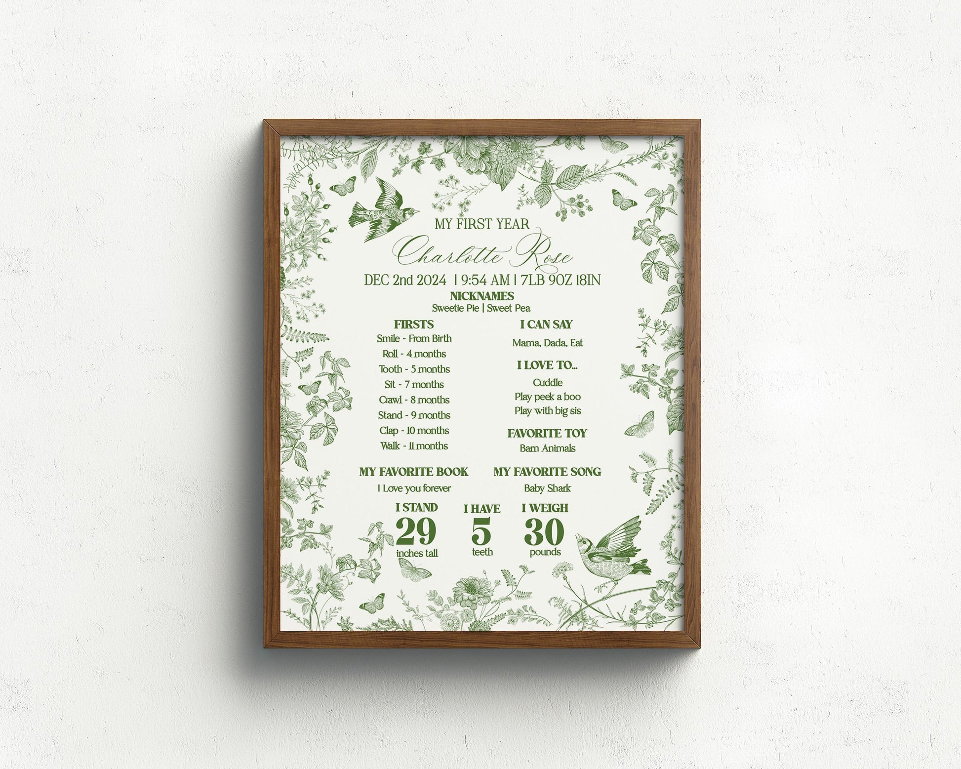 Green Toile De Jouy First Year Milestone Sign Template, Olive Chinoiserie 1st Birthday Party, Wildflower Toile Butterflies and Birds WP1007