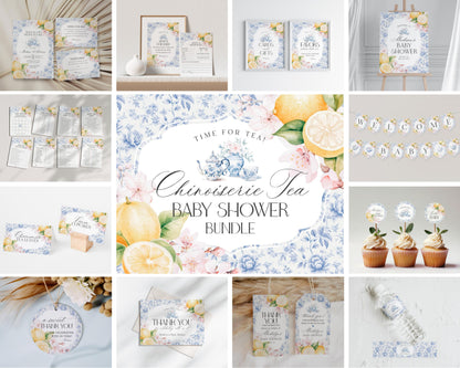 Blue Chinoiserie Tea Baby Shower Printable Bundle, Victorian High Tea Party Baby Brunch Sprinkle Blue Willow English Garden Party Blue Toile